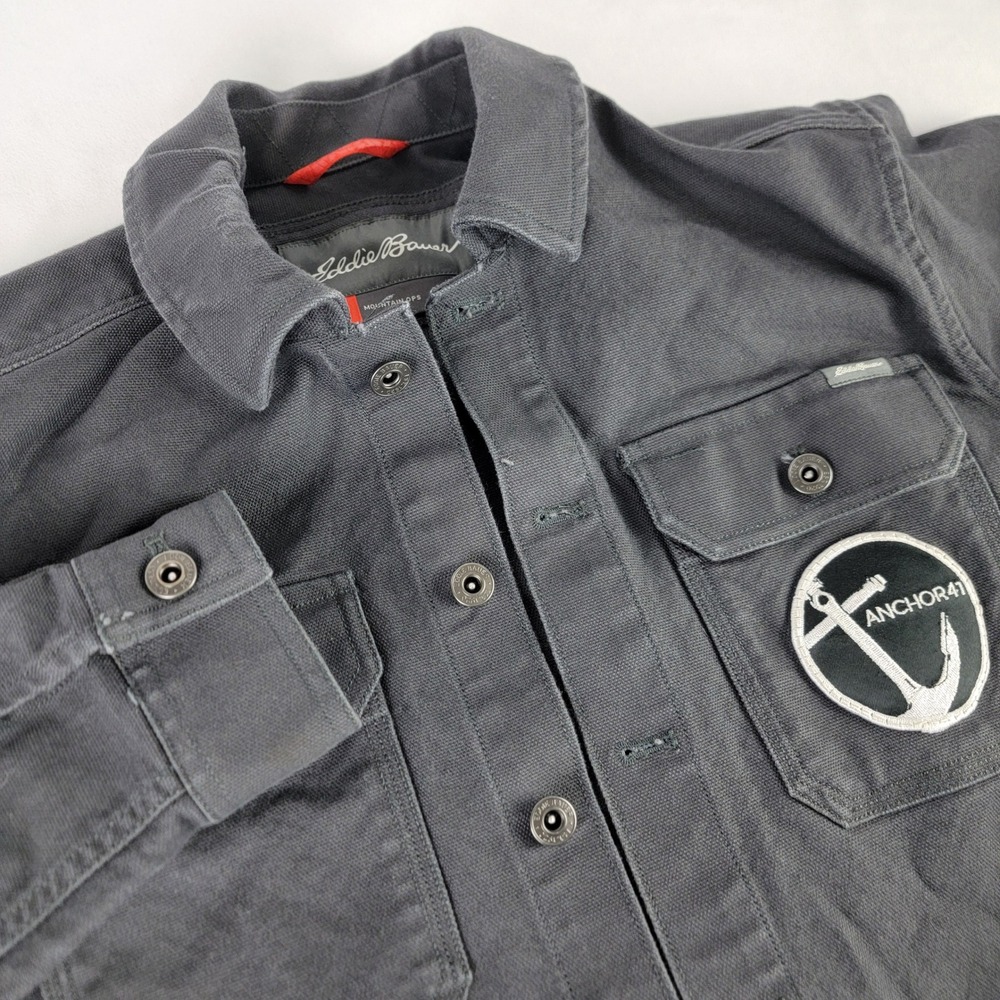Eddie Bauer Mens Mountain Ops Button Up Work Shirt Anchor Patch Gray Medium